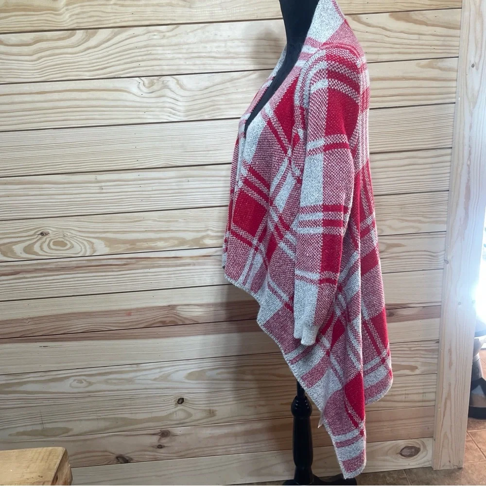 Open front cardigan gray and red winter cover up asymmetrical womens large - Picture 4 of 7